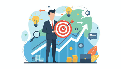Successful businessman holding a target with an arrow hitting the bullseye, symbolizing business goals and achievement, surrounded by growth charts, lightbulbs representing ideas, magnifying glass