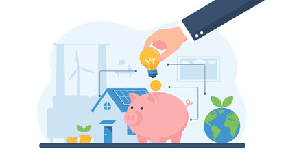 Business man's hand holding a glowing lightbulb and dropping a coin into a pink piggy bank, symbolizing investment in renewable energy, solar panels on a house, a wind turbine, and a growing plant on