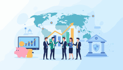 Global business finance and investment data analysis concept with diverse team collaborating around charts, piggy bank, and bank building, representing financial growth and international markets.