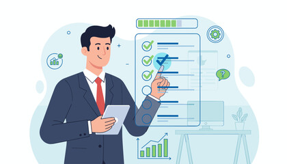 Modern flat illustration of a businessman in a suit and tie checking off items on a digital checklist on a tablet, symbolizing business performance, task management, and successful completion of