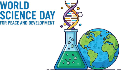 World science day for peace and development dna strand, flask and globe illustration