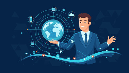 Dynamic businessman presenting a glowing digital globe surrounded by interconnected data streams, social media icons, and technology symbols, representing global network, communication, and digital