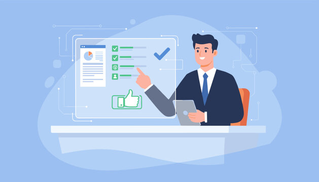 Smiling businessman in a suit pointing at a digital checklist with checkmarks and progress bars on a futuristic interface, holding a tablet, with a thumbs-up icon below, representing successful task - Powered by Adobe