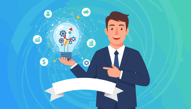 Dynamic businessman in a suit presenting a glowing light bulb filled with startup icons like a rocket, gears, and charts, symbolizing innovation, growth, and new business ideas against a vibrant blue