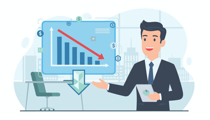 Fototapeta premium Cost reduction business finance concept with a businessman presenting a downward trending bar chart and arrow indicating financial loss, symbolizing economic recession and budget cuts in a modern