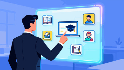 Modern elearning and online education concept, a businessman in a suit interacting with a glowing digital interface showcasing icons for learning, graduation, students, and study materials