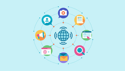 Vibrant and colorful vector illustration depicting global communication and digital networking through various interconnected icons representing social media, news, search, email, and web browsing