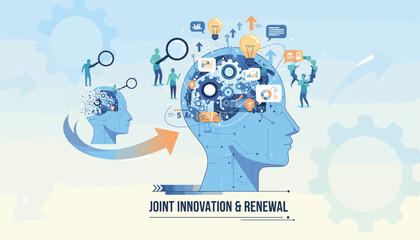 Conceptual vector illustration depicting joint innovation and renewal through collaborative business graphics, symbolizing the process of idea generation, problem-solving, and strategic development