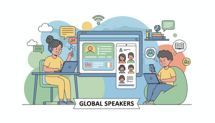 Vivid flat illustration of two children engaged in online learning, one girl with headphones and a laptop, the other boy with a smartphone and laptop, surrounded by communication icons, world map