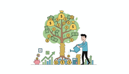 Vibrant vector illustration depicting a stylized money tree, symbolizing financial growth and investment, with bags of cash, coins, and banknotes flourishing on its branches, while a businessman