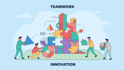 Vivid flat illustration depicting teamwork and innovation with diverse people collaborating to build a complex structure using puzzle pieces, geometric shapes, and a circular diagram, symbolizing