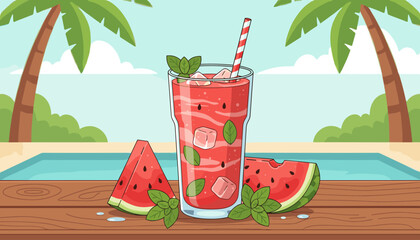 Refreshing watermelon smoothie with fresh mint leaves and ice cubes, garnished with mint sprigs, served on a wooden table by a swimming pool with palm trees and blue sky in the background, perfect