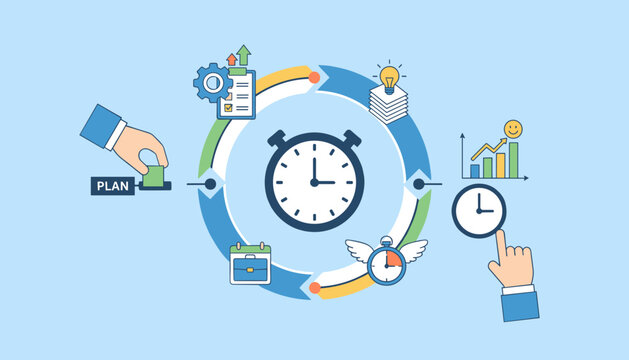 Time management concept illustration with a circular workflow diagram featuring a stopwatch, calendar, gears, checklist, lightbulb, and a hand interacting with a clock, symbolizing planning