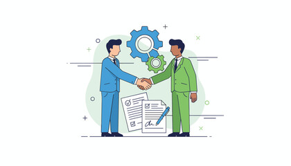 Business partnership concept with two businessmen shaking hands, symbolizing agreement and collaboration, with gears and documents in the background, representing teamwork and successful deal-making