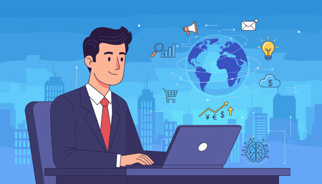 Modern businessman working on a laptop, surrounded by digital icons representing global business, finance, technology, and ideas, set against a cityscape backdrop, symbolizing digital transformation