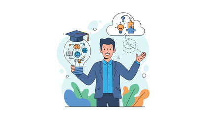 Conceptual illustration of a smiling man holding a lightbulb filled with educational symbols, representing e-learning and graduate certificate programs, with a cloud containing puzzle pieces and a