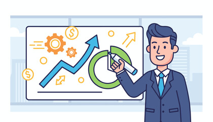 Dynamic entrepreneur in a suit enthusiastically drawing a rising blue arrow graph and a green circular chart on a whiteboard, symbolizing business growth, financial success, and strategic planning