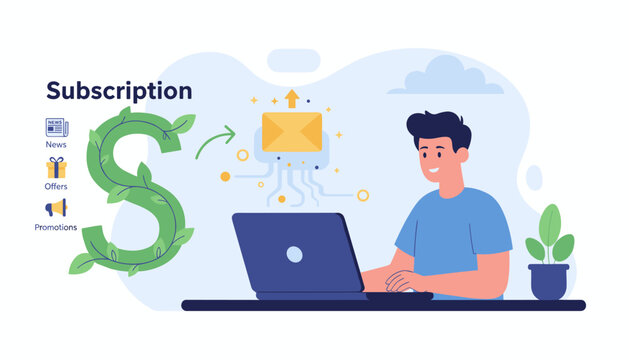 Modern flat illustration of email marketing concept, subscription to newsletter, digital communication, online services, and business growth, with a man using a laptop and a stylized green 'S' symbol