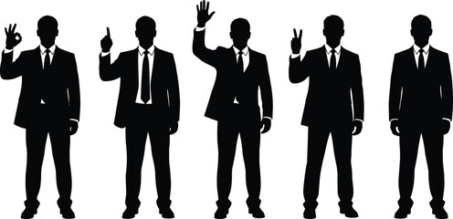 Businessmen silhouettes making hand gestures, formal suits, corporate communication, body language, leadership signals, professional team, business concept, white background