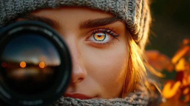 Stunning portrait of a woman looking through a camera lens reflecting golden hour and capturing a moment of beauty and adventure