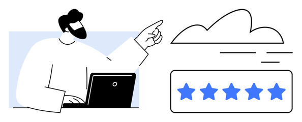 Man working on laptop pointing toward cloud with motion lines and five-star rating. Ideal for customer feedback, review, quality, evaluation, satisfaction, service, simple flat metaphor