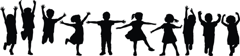 Children silhouette jumping, playful pose, joyful movement, dancing kids, happy gesture, youth energy, freedom, fun, excitement, childhood expression