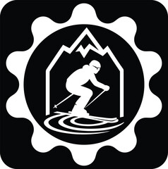 A skier in silhouette skiing down a mountain slope in a black and white illustration