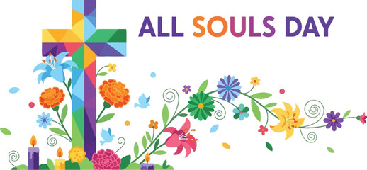 Illustration of all souls day with cross and flowers vector design for banner or print