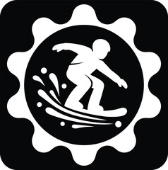 Wakeboarding icon in black and white, representing water sports and summer activities