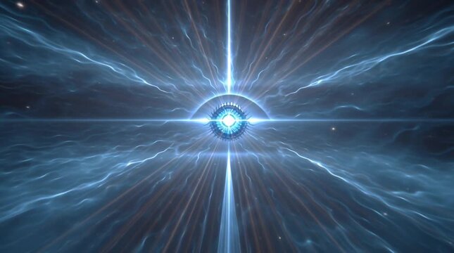 Animated 3D scene of Shiva&rsquo;s third eye opening with a radiant beam of blue light, creating an ethereal, powerful vision of divine awareness and cosmic energy.
