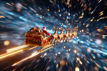 Santa claus in his sleigh flying through the night sky at warp speed
