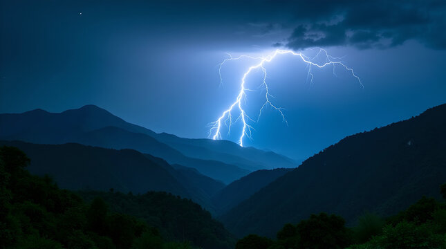 Night scene of mountains illuminated by bright lightning - Powered by Adobe