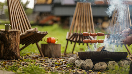 Grilling sausages over a fire pit in a cozy outdoor setting