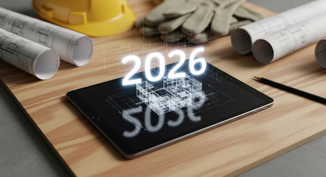 New Year planning in construction with digital designs and architectural blueprints for 2026 - Powered by Adobe