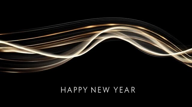 Smooth golden light waves curving elegantly across a solid black background with centered "Happy New Year" text in sophisticated font, ideal for 2026 celebration banners, invitations, and festive digi