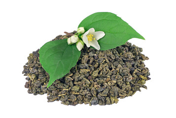green tea with jasmine. green tea leaves and jasmine flowers isolated on a transparent background