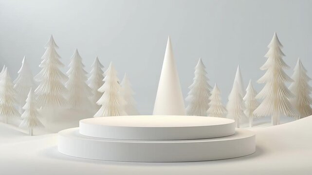 Minimalist white paper-cut pine trees and central podium on snowy base under pale blue sky, forming a clean, 3D winter stage for product displays or holiday greeting cards in Scandinavian style