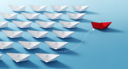 Red paper boat leading a fleet of white boats on a blue background