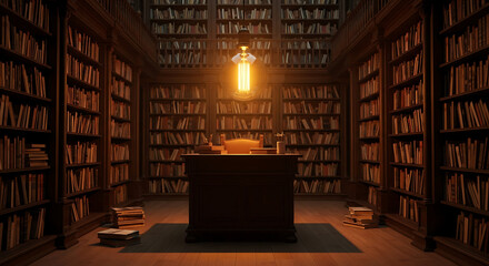 A vintage library with wooden bookshelves and a desk under a light bulb