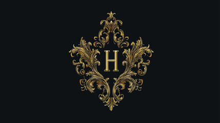 Naklejka premium Elegant Golden Ornate Baroque Frame with Letter H Monogram on Black Background for Luxury Branding and Design