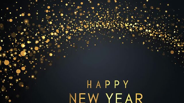 Elegant golden sparkling particles forming an arch around bold "Happy New Year" text on a deep black background, creating a festive and celebratory graphic for New Year's 2026 invitations and holiday 