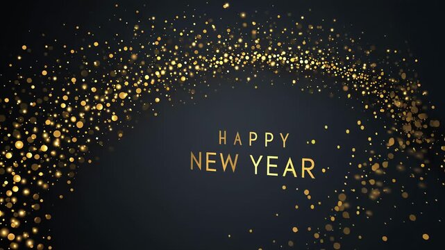 Elegant golden sparkling particles forming an arch around bold "Happy New Year" text on a deep black background, creating a festive and celebratory graphic for New Year's 2026 invitations and holiday 
