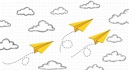Paper airplanes flying through the clouds isolated on white background