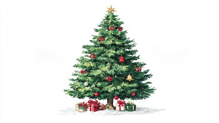 Fototapeta premium A beautifully decorated Christmas tree adorned with ornaments and surrounded by wrapped gifts, perfect for holiday-themed projects, cards, or seasonal marketing material,