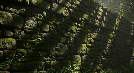 Ancient stone wall covered with moss in the forest with sunlight