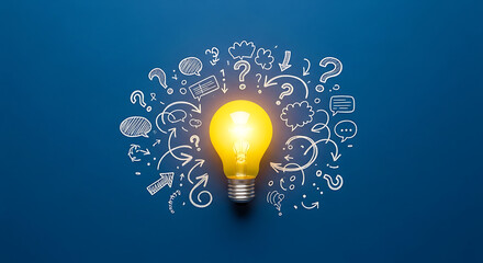 Creative idea concept with light bulb and question marks on blue background