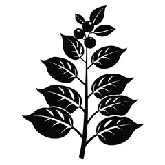 Monochrome botanical tree with berries and foliage displays a solid black silhouette against the background