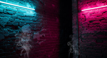 Neon lights on brick walls with smoke effect in blue and red colors