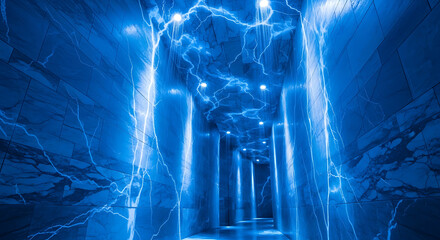 Blue lightning strikes the walls of a futuristic corridor in a dark place