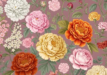 Vibrant floral tapestry showcases lush peonies in warm, rich hues perfect for elegant home decor and design projects